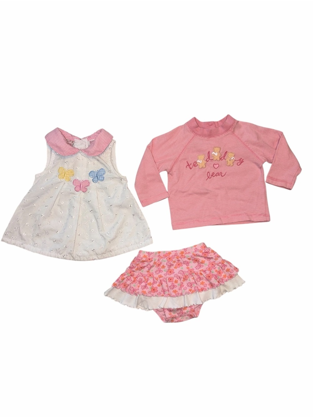 Vintage Y2K Baby Girls Pink 3 pc Bundle 12m Dress Lettuce Cottagecore Resortwear